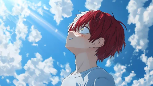 Anime boy under bright sky gazing into sunlit clouds.