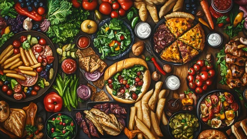 Colorful comfort food feast overflowing with fresh veggies and treats.