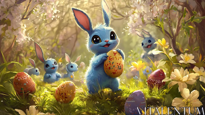 Blue rabbits hold decorated eggs in a sunlit forest clearing