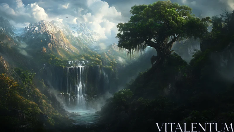 Luminous alpine valley with tiered waterfalls and ancient canopy tree