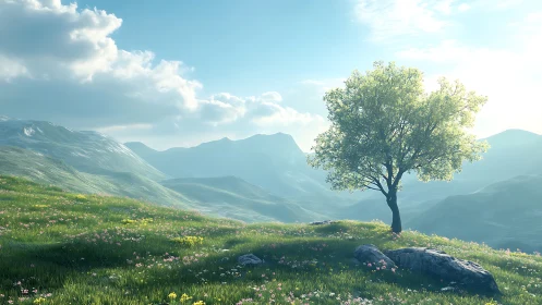Solitary deciduous tree on sunlit alpine meadow slope.