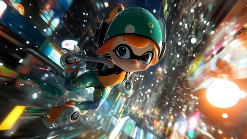 Stylized skate character moves through blurred neon cityscape