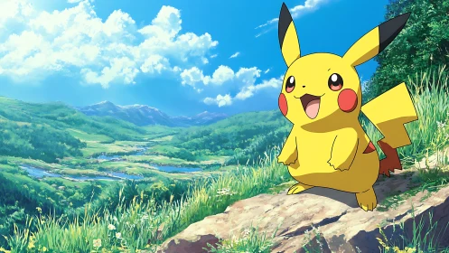 Electric mascot character on sunlit trail above verdant valley