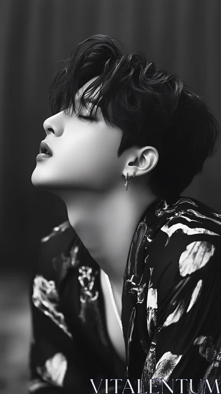 Monochrome portrait in high-contrast cinematic close-up profile.