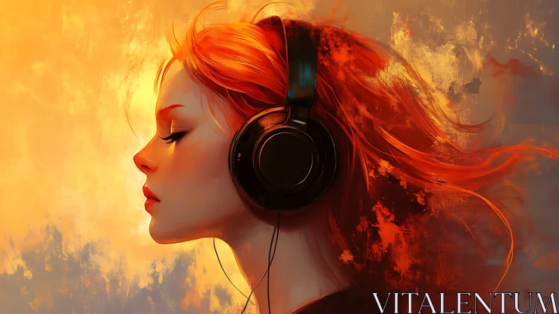 Profile portrait of red-haired woman with headphones listening.