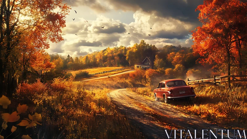 Red vintage car on golden autumn country lane at sunset