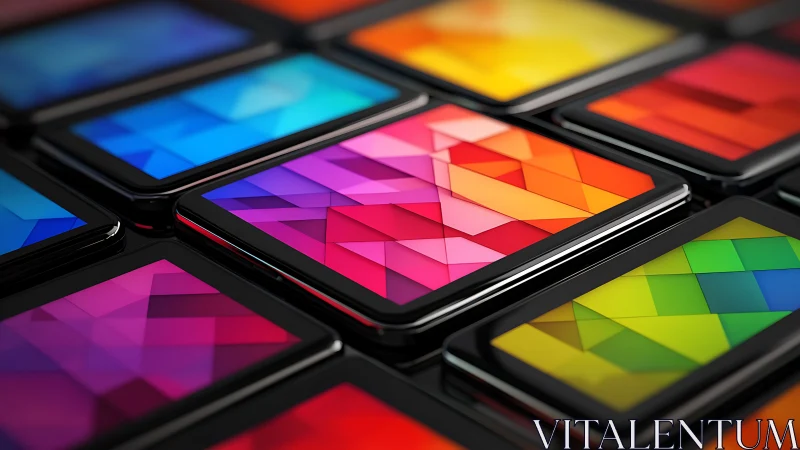 Array of digital tablets with multicolor geometric displays.