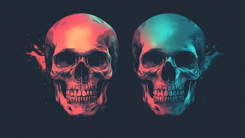 Vibrant twin skulls glow with bold neon contrast and energy