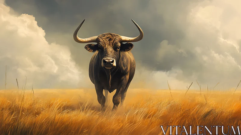 Long-horned bull standing in dry grassland under clouds.