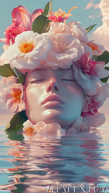 Hyperreal floral crowned face emerging from reflective water surface