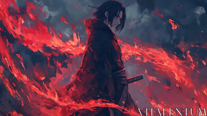 Solitary anime swordsman encircled by painterly crimson flames
