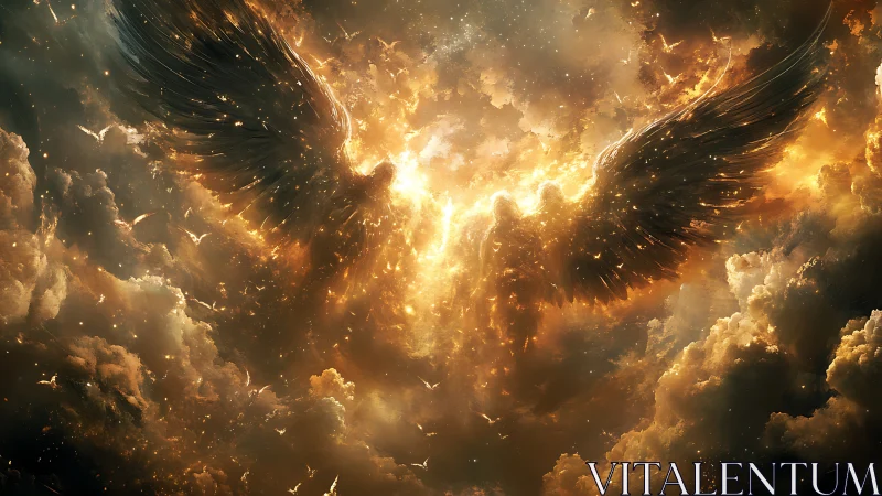 Seraphic wings ignite a storm of celestial fire and cloud.