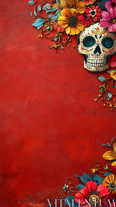 Radiant sugar skull with bright flowers on rich red backdrop.