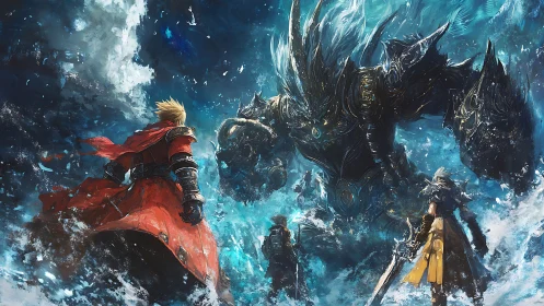 Storm-lit heroes stand united against a towering sea titan