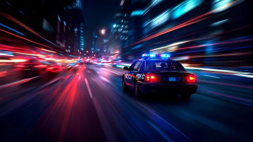 Patrol car carves neon streaks through midnight city rush