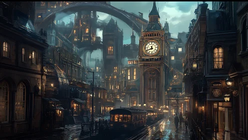 Clocktower steampunk city glows under rain-soaked twilight sky
