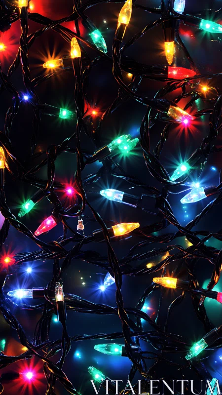 Cozy tangle of glowing holiday string lights at night.
