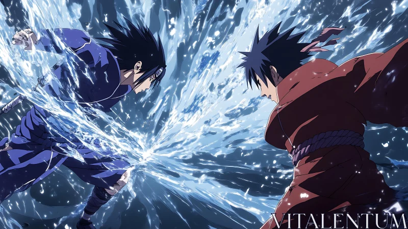 Clashing anime warriors amid explosive blue energy torrent.