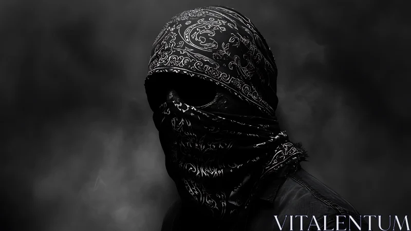 Masked figure in patterned bandanas stands against dark smoke