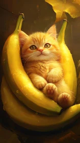 Ginger Cat Nestled in Giant Bananas with Glowing Ethereal Light