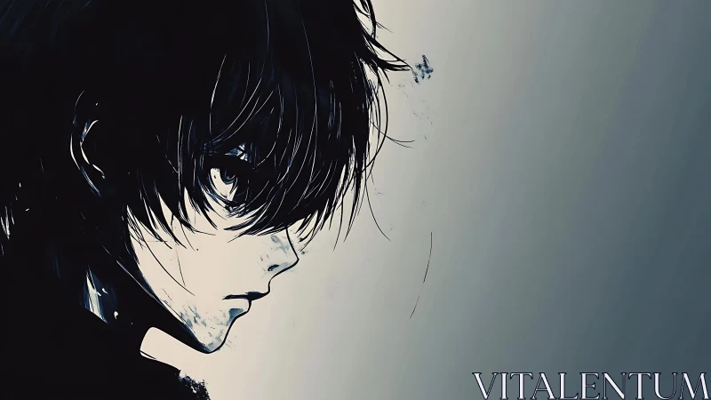 Melancholic anime boy profile rendered in stark monochrome