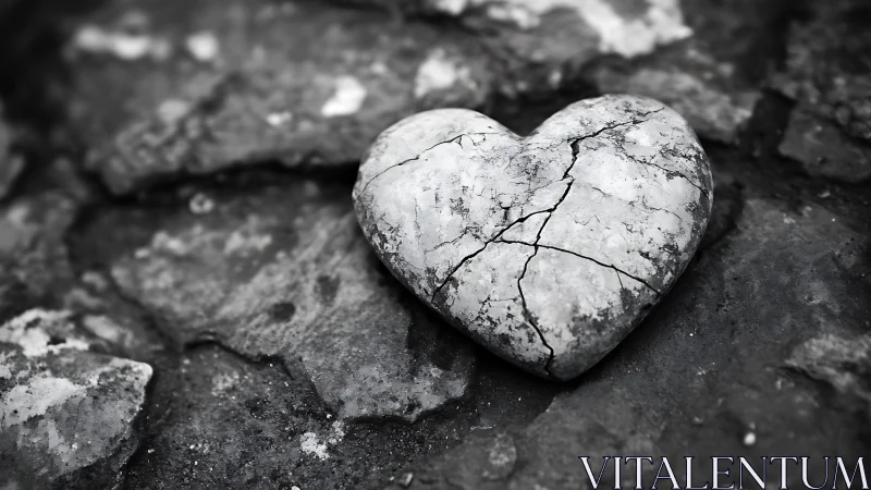Calcified Heart Stone: Cracked Mineral Form in Grayscale Desolation.