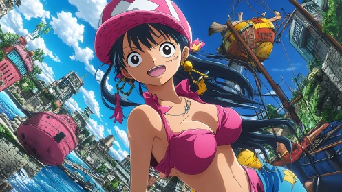 Vibrant anime sailor girl in tropical harbor environment.