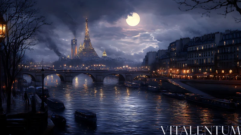 Moonlit Paris riverfront glows beneath brooding storm clouds