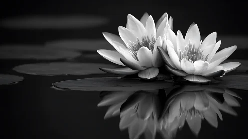 Water Lilies Reflected in Still Black Water.