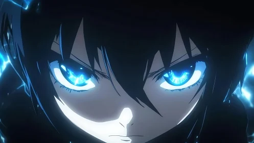 Electric gaze of determined anime warrior in darkness.