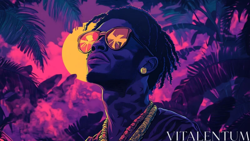 Neon tropical portrait with reflective sunglasses and sunset.