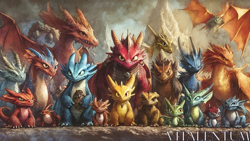 Colorful baby dragon family posing in a playful fantasy realm.