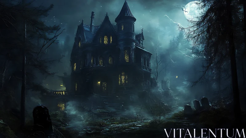 Gothic mansion stands in misty forest beside grave markers