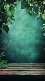 Whispering leaves frame rustic wood against teal mist wall.