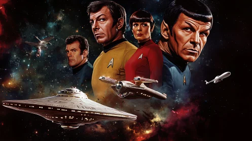 Starfleet officers and starships rendered in deep space field.