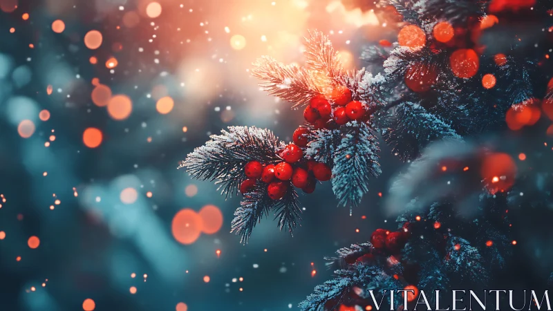Snow-dusted red berries glow warmly in a dreamy winter dusk
