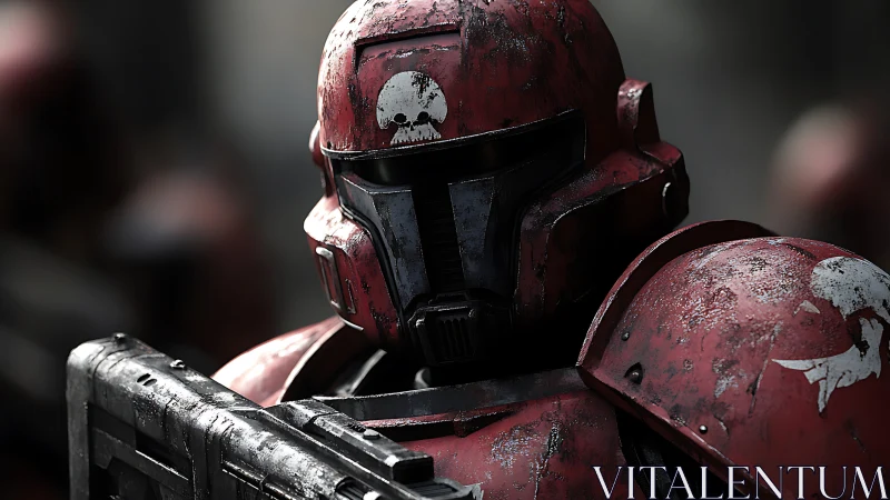 Battle-scarred red sci-fi trooper helmet rendered in 3D realism