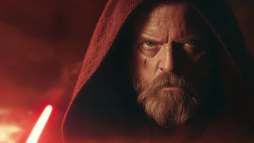 Hooded warrior portrait in cinematic red rim lighting focus.