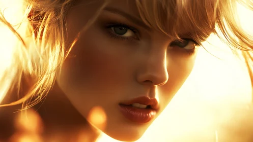 Photorealistic close-up portrait in golden backlit focus.