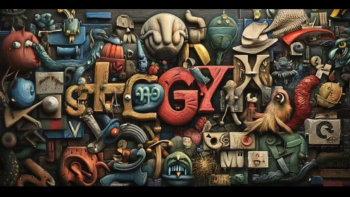 Surreal alphabet collage with sculpted creatures and forms.