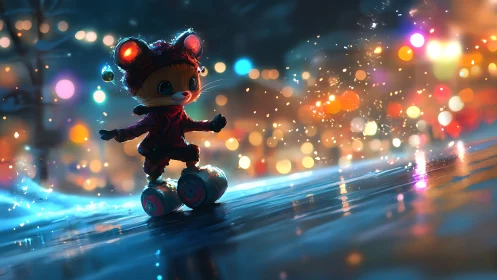 Cinematic night scene of skating mouse on glowing roller boots