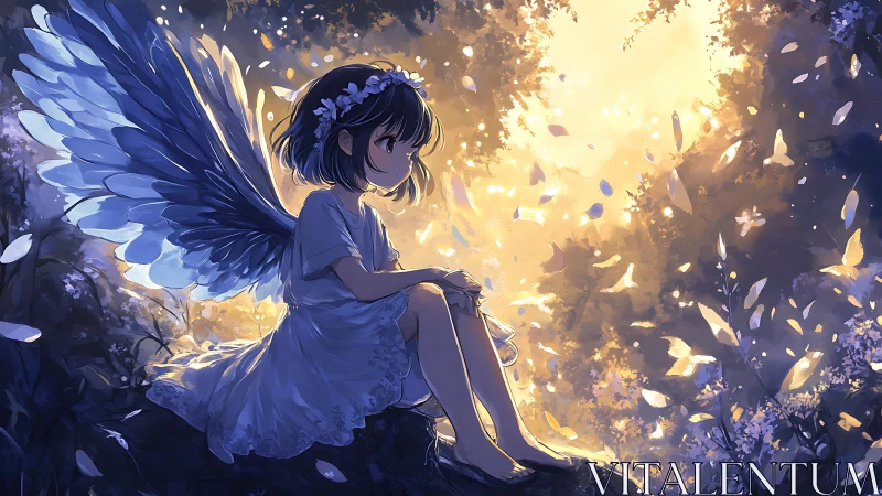 Twilight-winged girl resting in a gold-dusted forest hush.