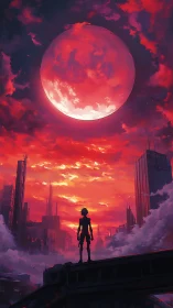 Solitary silhouette greets a colossal crimson sky-moon