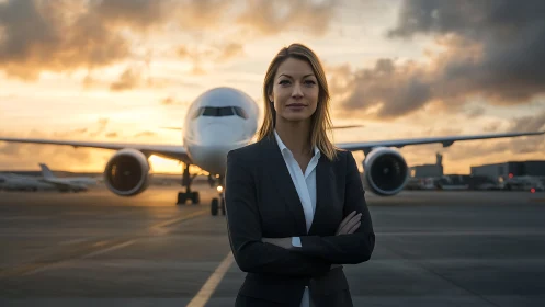 Businesswoman stands before jet airliner at sunset runway
