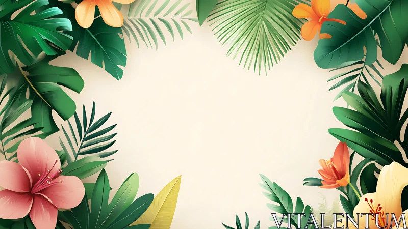 Tropical foliage and flowers frame central blank beige space