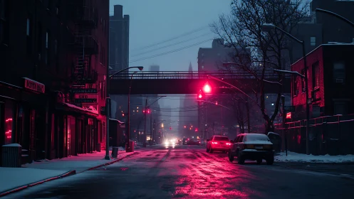 Snowy urban street sits under red traffic lights at dusk