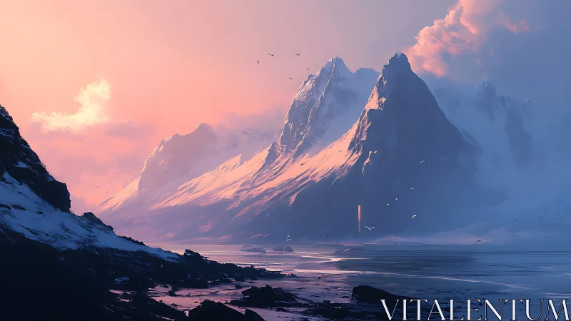 Sunlit icy peaks rise above a tranquil, misty shoreline