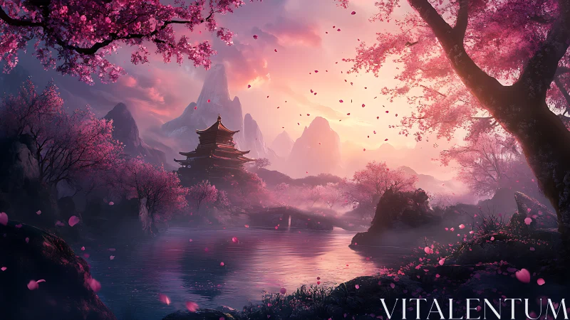 Twilight pagoda amid luminous cherry blossom valley.