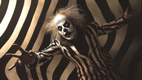 High-contrast striped clown in wide-angle distorted perspective pose