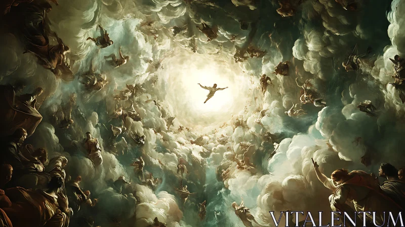 Radiant celestial figure ascending amid swirling clouds.